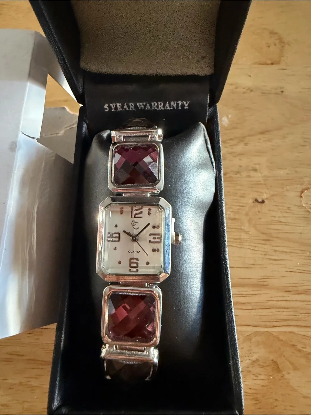 Ladies Silver Bracelet Watch with Burgundy Faceted Accents